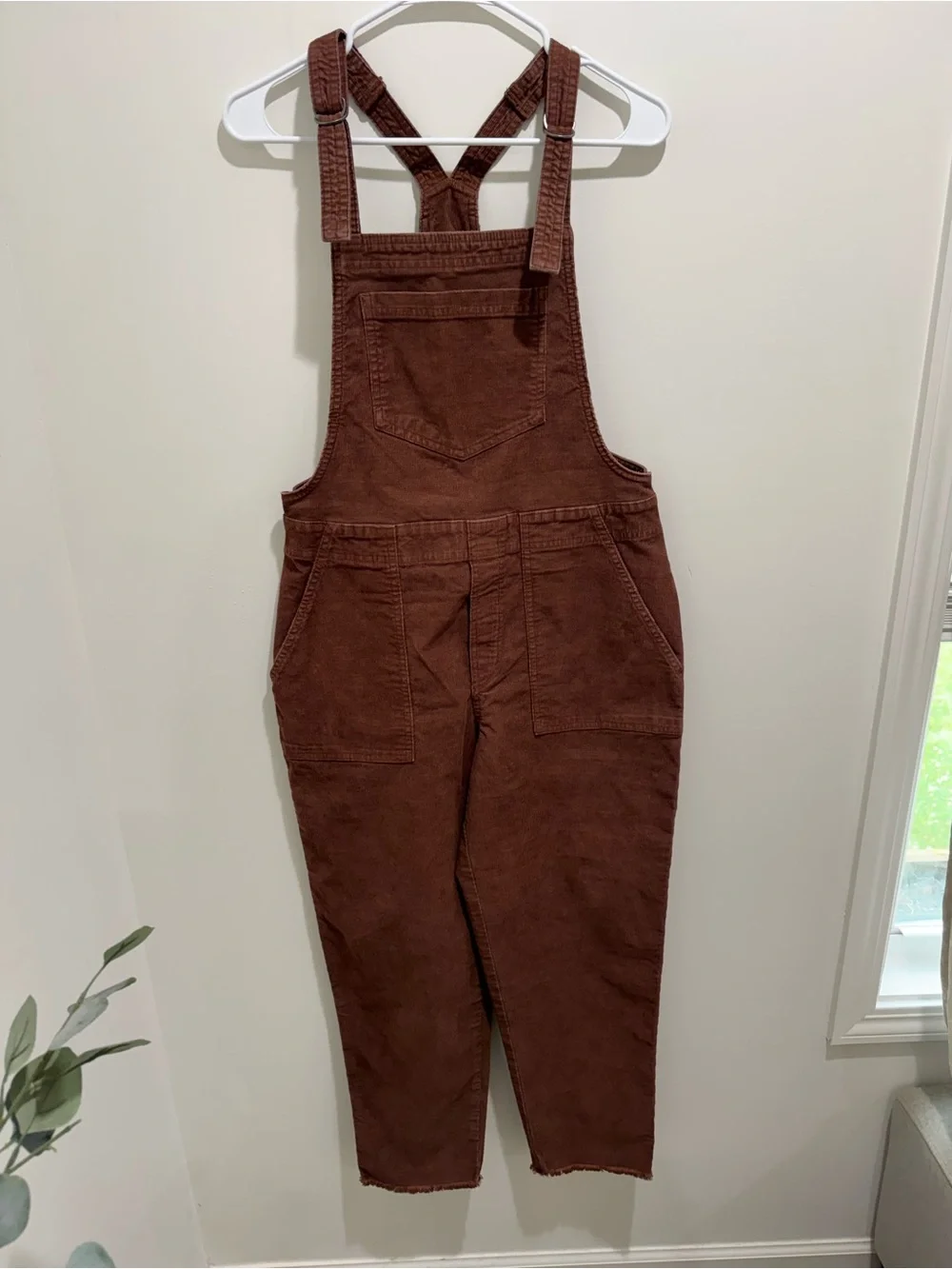 Aerie Brown Corduroy Cropped Overalls Utility Jumpsuit Raw Hem Medium - Picture 2 of 13